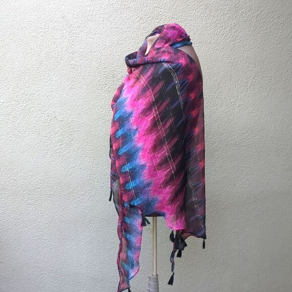 KENSIE SCARF PLALD Wrap PINK TURQUOISE METALIC TASSLED LG - Picture 5 of 8